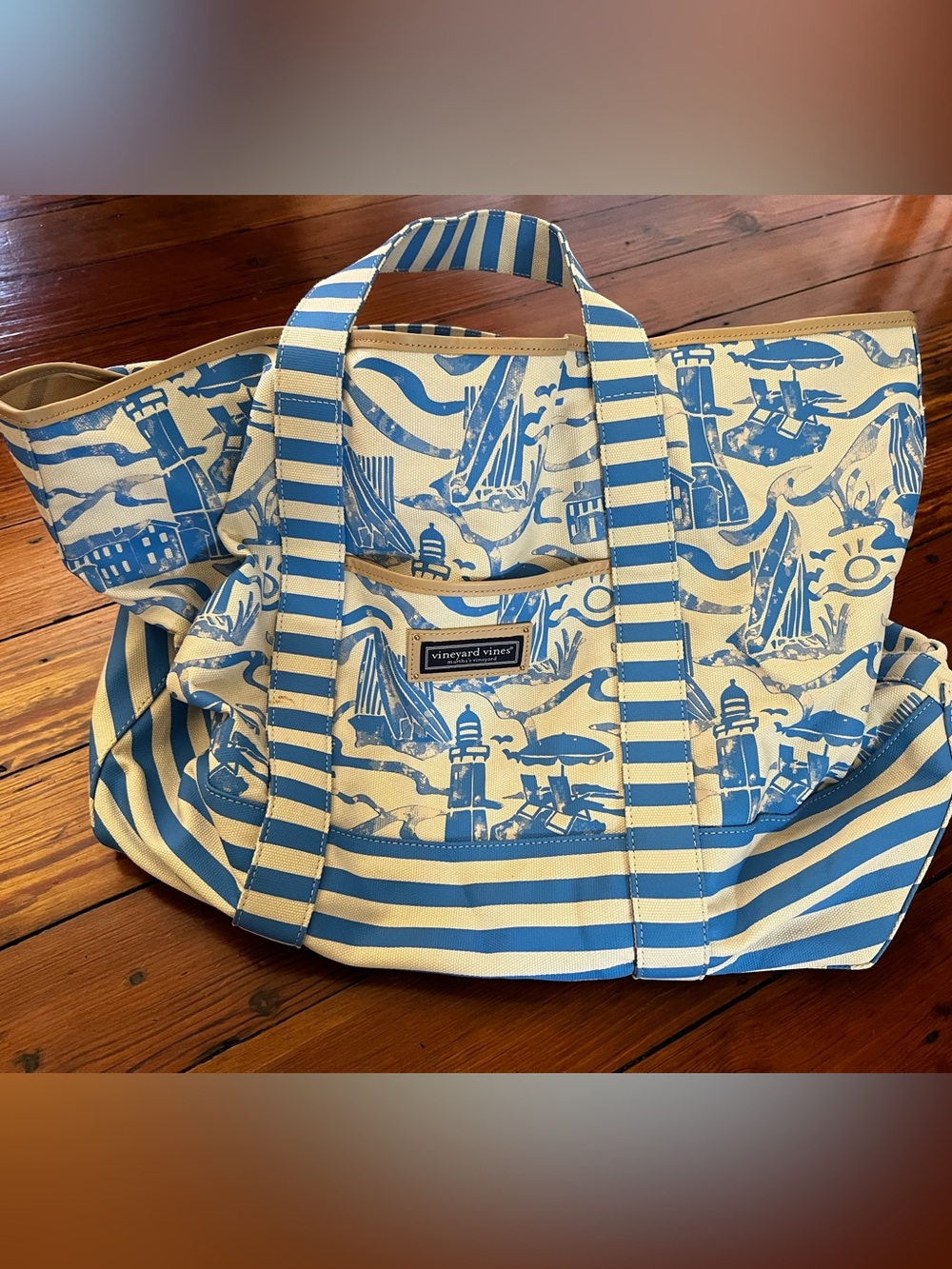 Vineyard Vines Blue & Cream Coastal Print Striped Tote